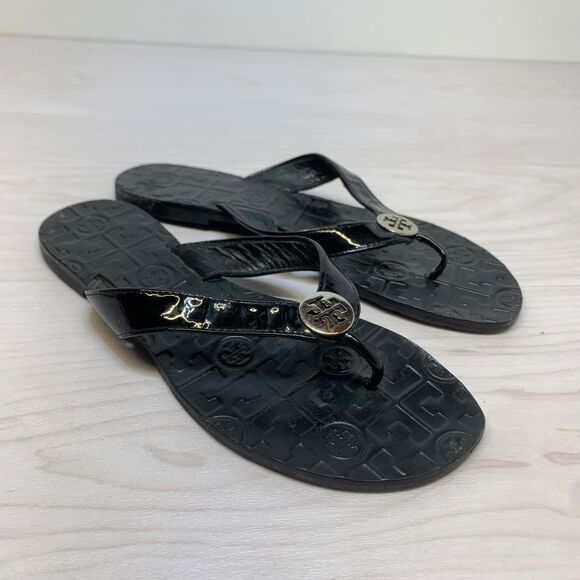 Tory Burch Black Patent Leather Thong Sandal Flip Flop Logo Size: 6 M - Picture 1 of 11
